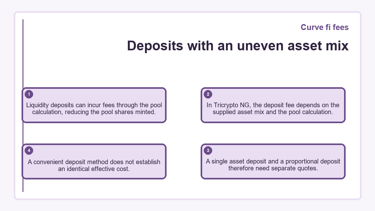 Deposits with an uneven asset mix: Liquidity deposits can incur fees through the pool calculation, reducing the pool shares minted.; In Tricrypto NG, the deposit fee depends on the supplied asset mix and the pool calculation.; A single asset deposit and a proportional deposit therefore need separate quotes.; A convenient deposit method does not establish an identical effective cost.