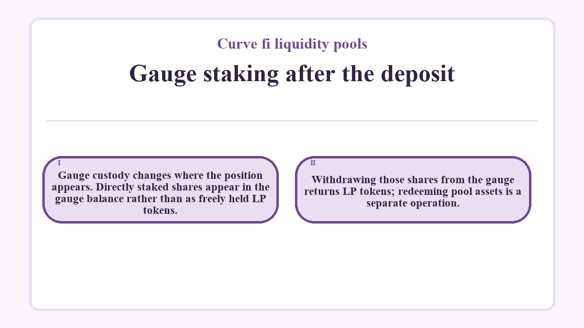 Gauge staking after the deposit: Gauge custody changes where the position appears. Directly staked shares appear in the gauge balance rather than as freely held LP tokens.; Withdrawing those shares from the gauge returns LP tokens; redeeming pool assets is a separate operation.